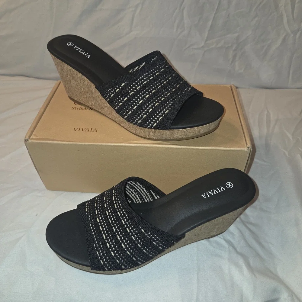 VIVAIA Stacey Black Cork Wedge Sandals Knit Slide‎ Shoes EU 40 US 9 Womens